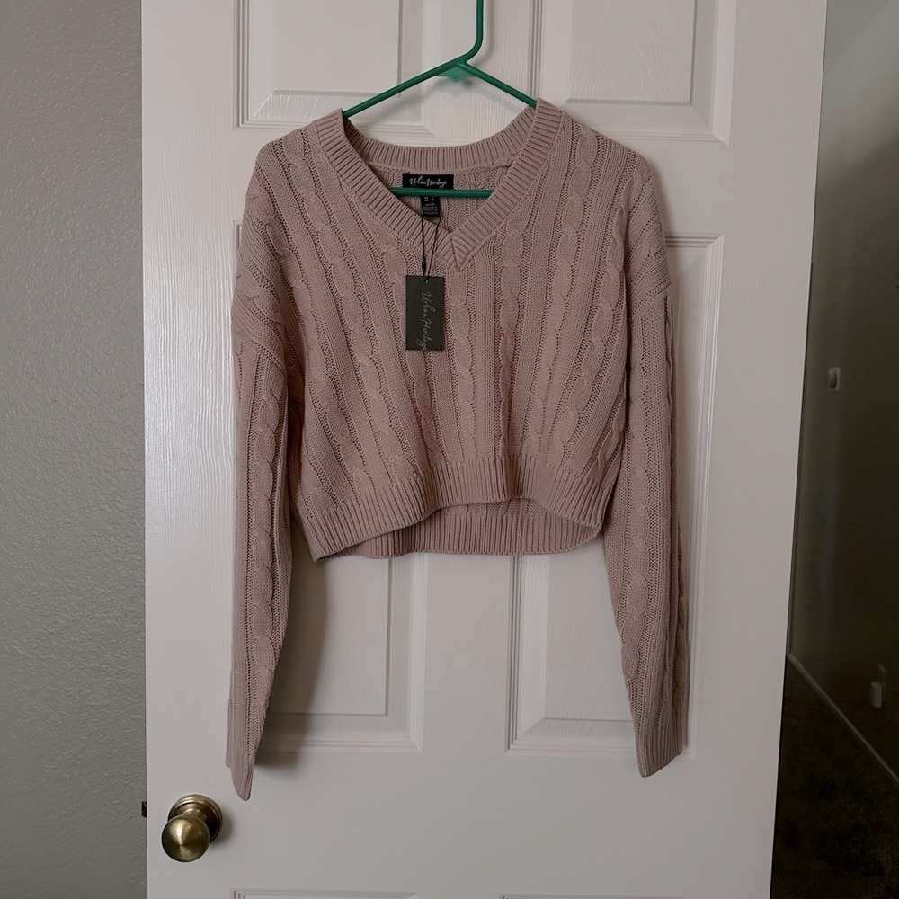 Pink Cropped Cable Knit Sweater
